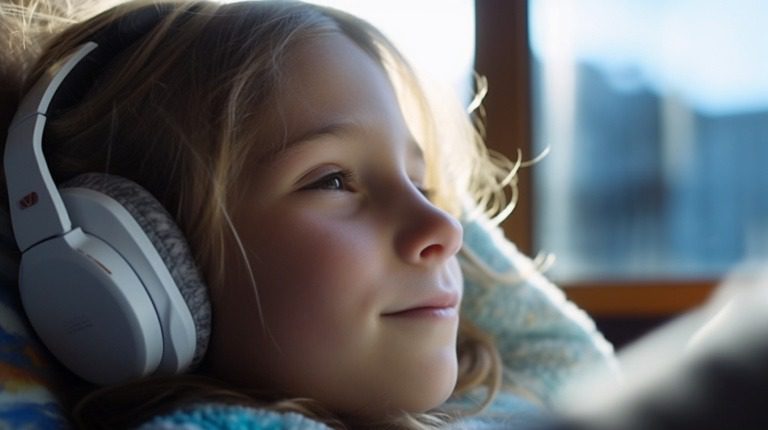 toddler, kid girl at home with headphones, sits at chair or sofa, relaxed joyful