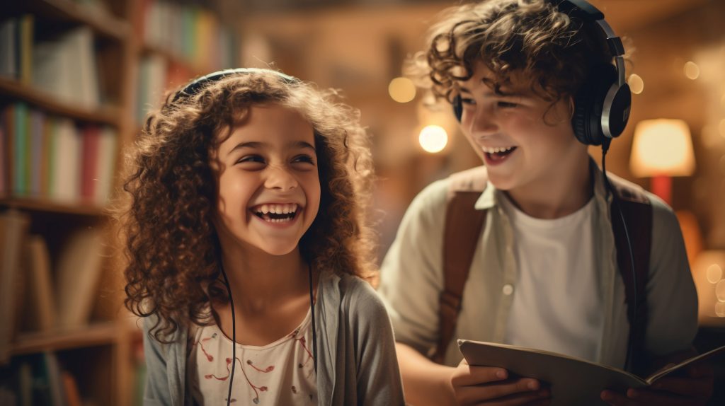 children listening to mp3 player in library