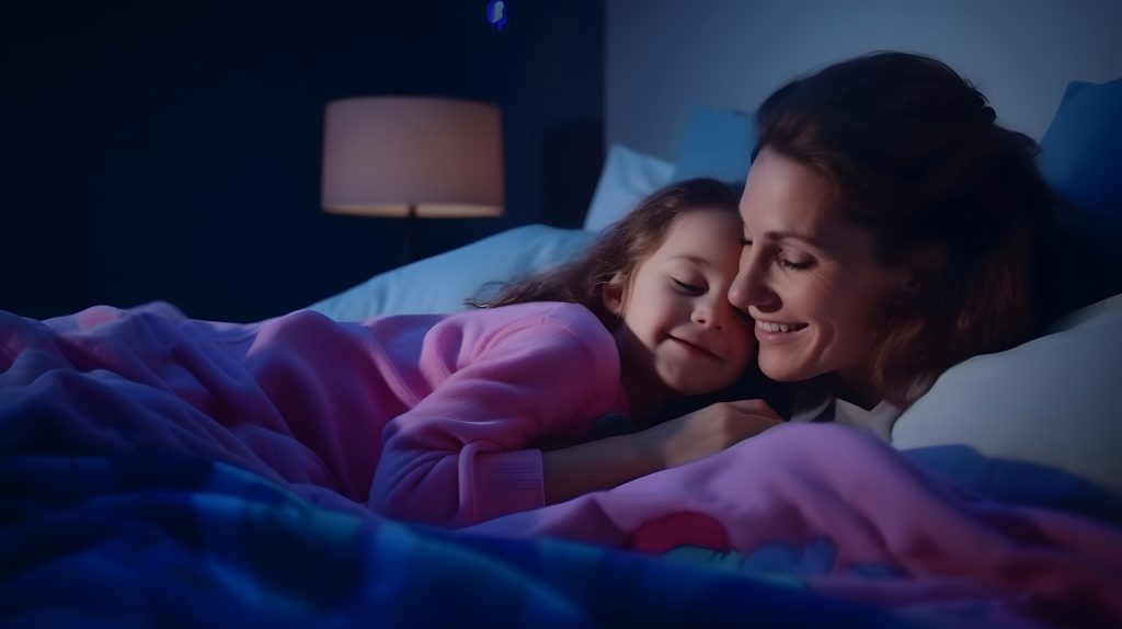 Loving mother and daughter sleeping together in dark home bedroom in the evening