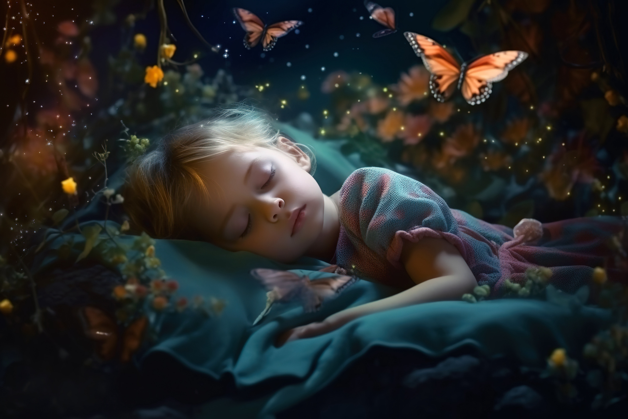 Sweet dreams of little girl, cute child sleeping in fantasy forest at night, generative AI