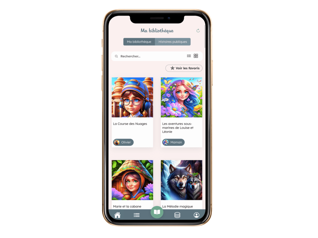interface iphone bibliotheque d'histoires du soir pour enfant