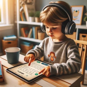 young child using a reading app on a tablet, wearing headphones, in a cozy reading nook