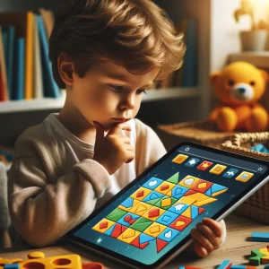 young child focused on using an interactive puzzle app on a tablet, in an educational environmen