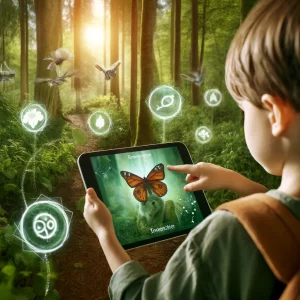 young child using a tablet with augmented reality technology to explore a forest environment, while interacting with digital elements that provide information about the fauna and flora