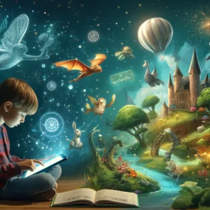 young child deeply engrossed in reading on a digital tablet, surrounded by virtual images of story elements such as a magical forest, mythical creatures, and enchanted castles