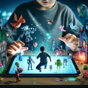 young child creating their own animated story on a tablet, surrounded by virtual images of characters and settings, such as dragons, robots, and fairy tale castles, generated by ai