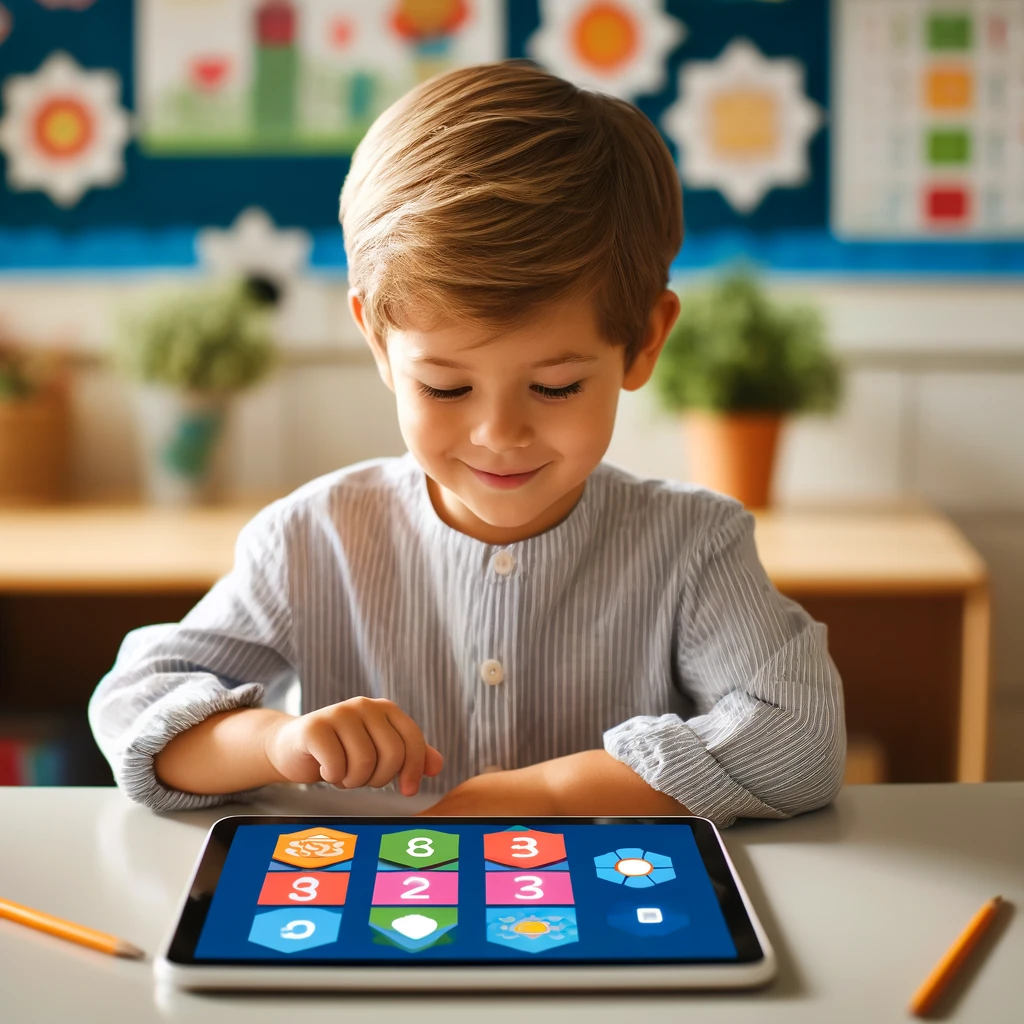 young child engaged with an educational app on a tablet, in a classroom setting