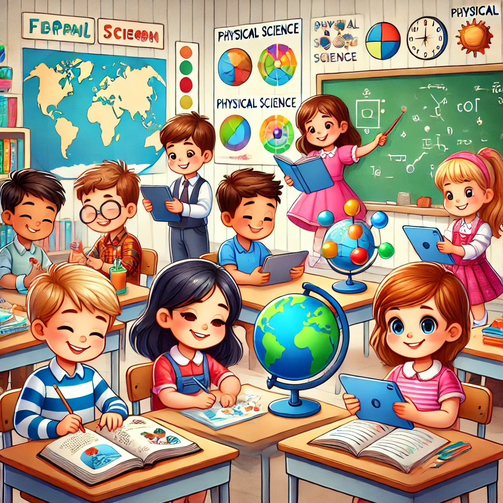 a cheerful classroom scene with diverse children engaged mostly in traditional learning activities. only one child is using a tablet