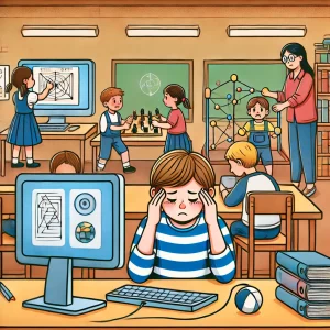 a classroom scene depicting the challenges of technology integration. the image shows a child looking tired and rubbing his eyes after using a compute