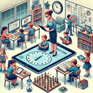 a classroom scene illustrating balanced technology integration with minimal screen usage.