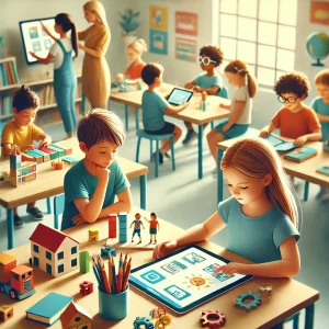 a classroom scene with minimal technology use, focusing on a diverse group of children engaged in educational activities. one child is using a tablet